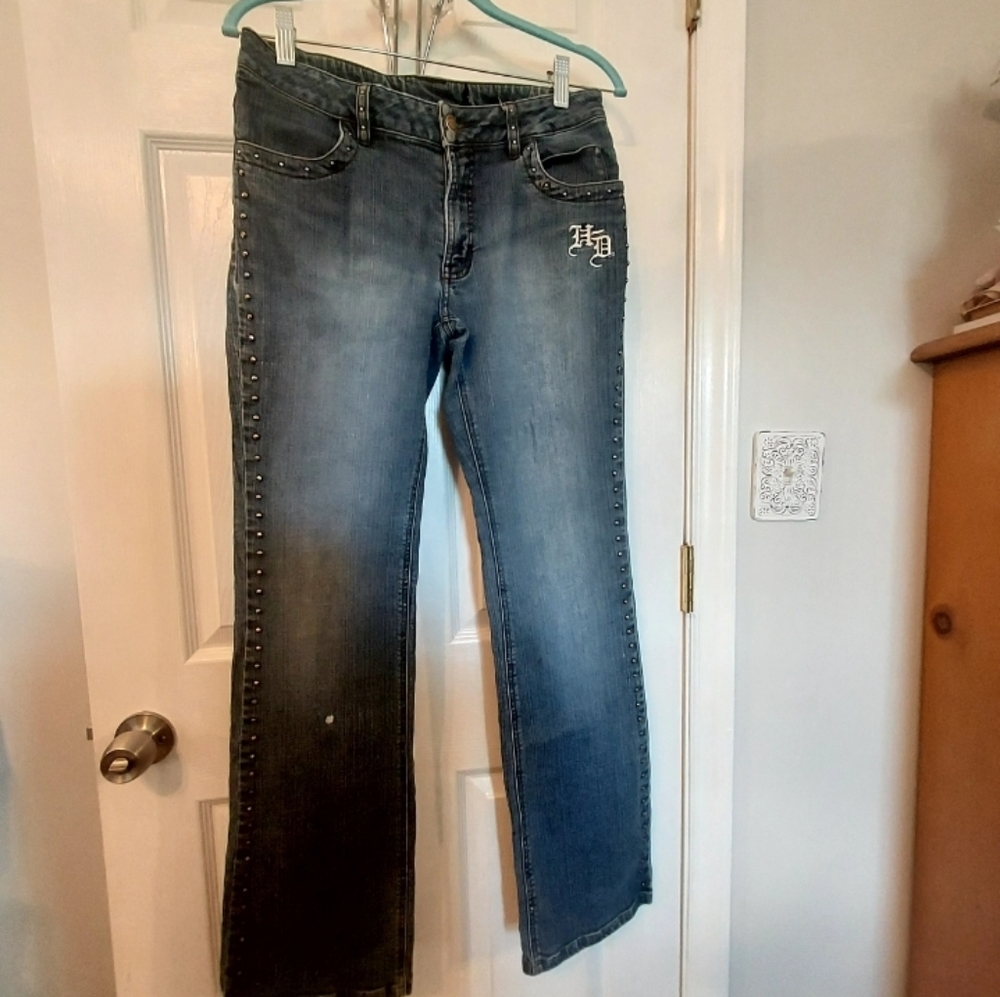 Harley Davidson Flare Studded Stretch Jeans 6 Long Vintage Biker Festival
